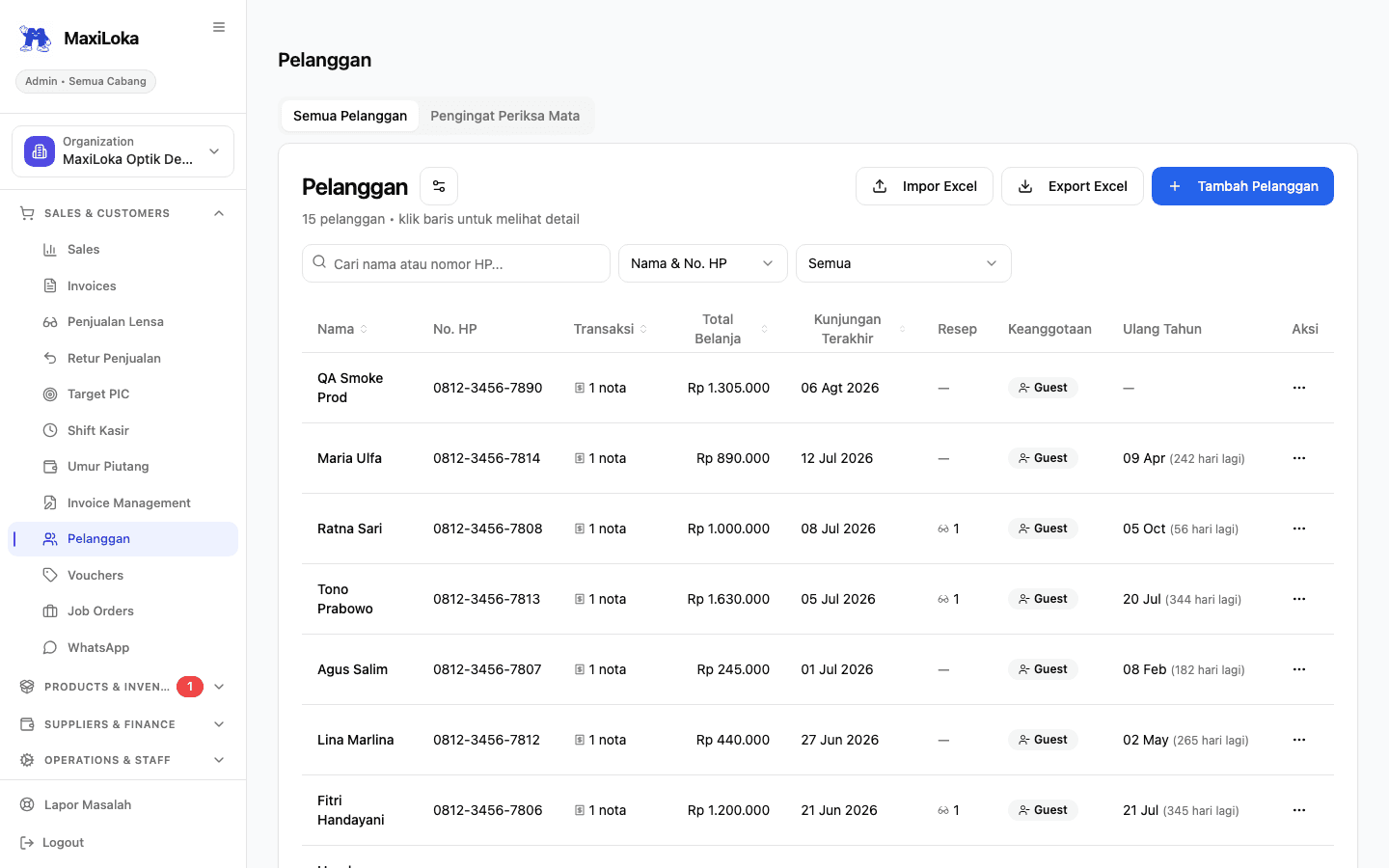 Ukuran customer tersimpan selamanya